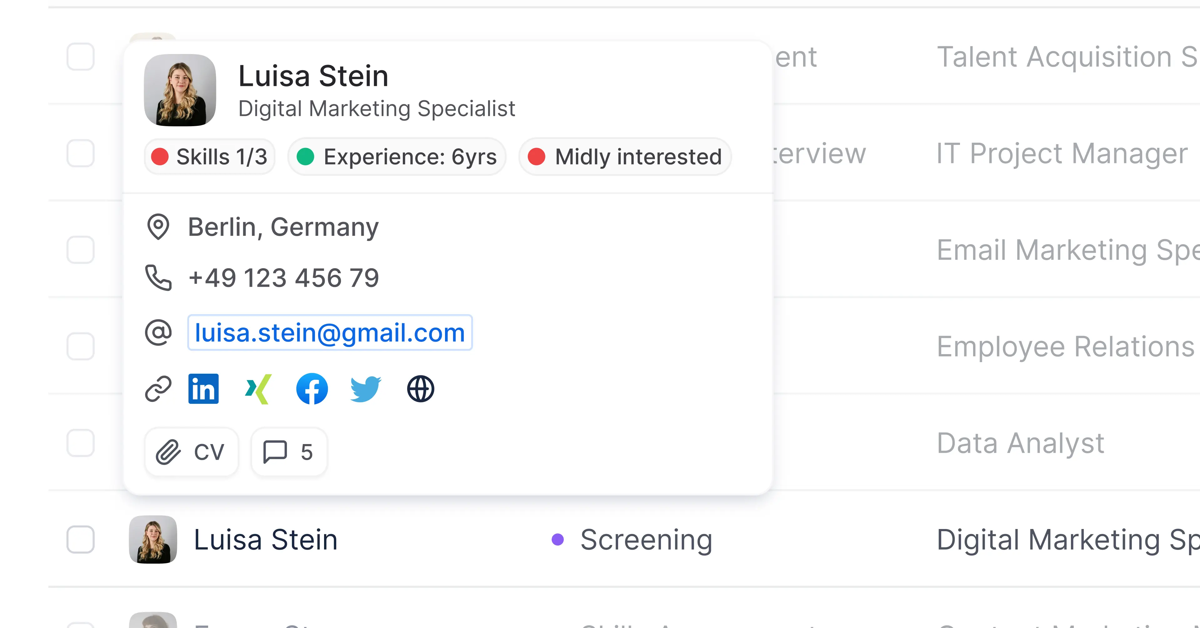 Business card appears on hover holding additional informations about the candidate