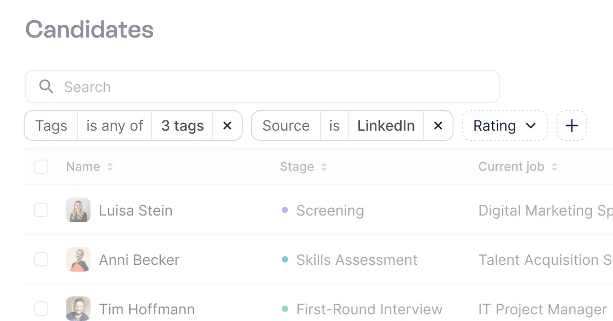 Search and filter view with selected filter