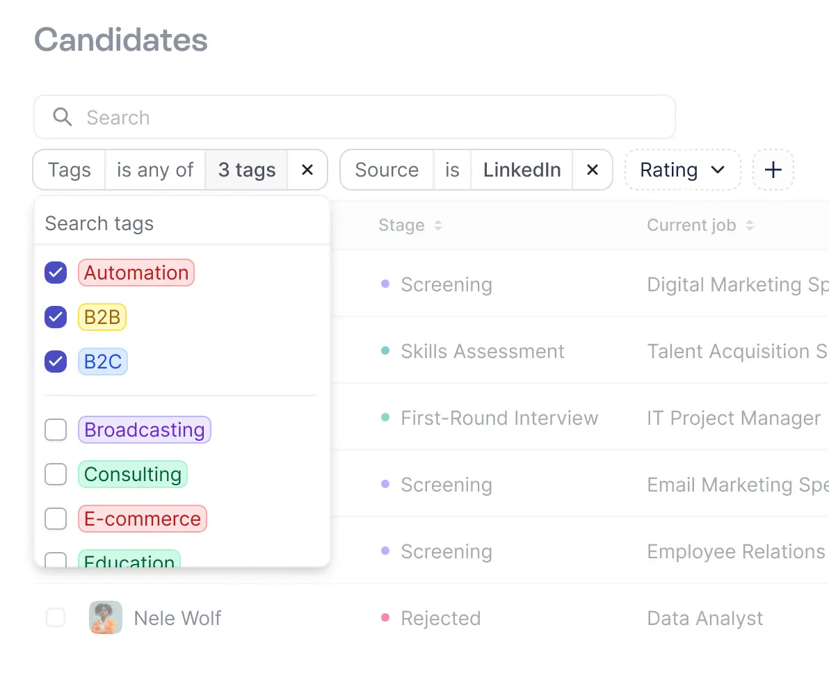 Search and filter view with selected filter