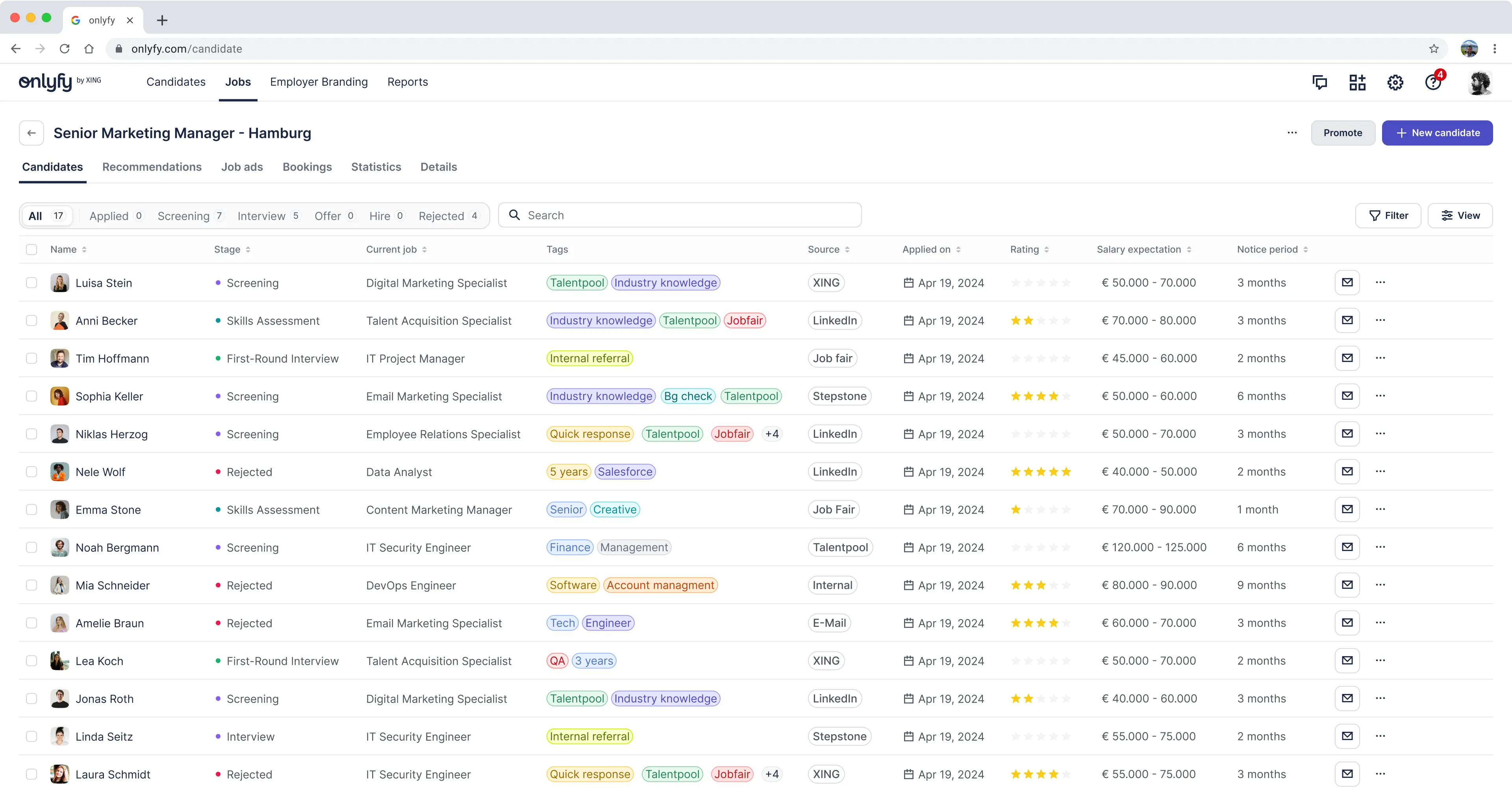 The new candidates list with the table as core feature