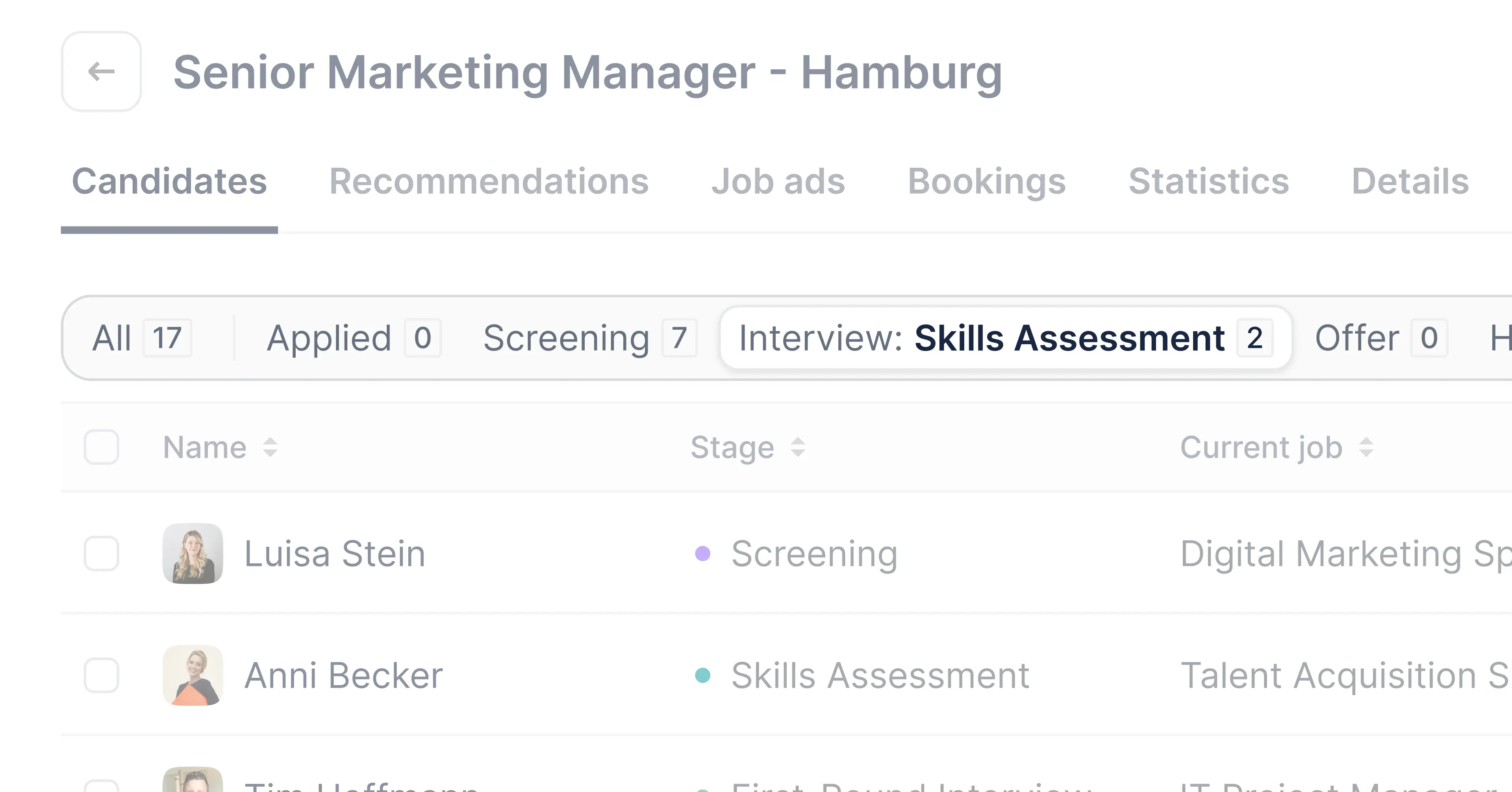 By clicking on the filter tab the list will be filtered by the main category (in this case “applied”) - Simultaneously a dropdown reveals sub categories.