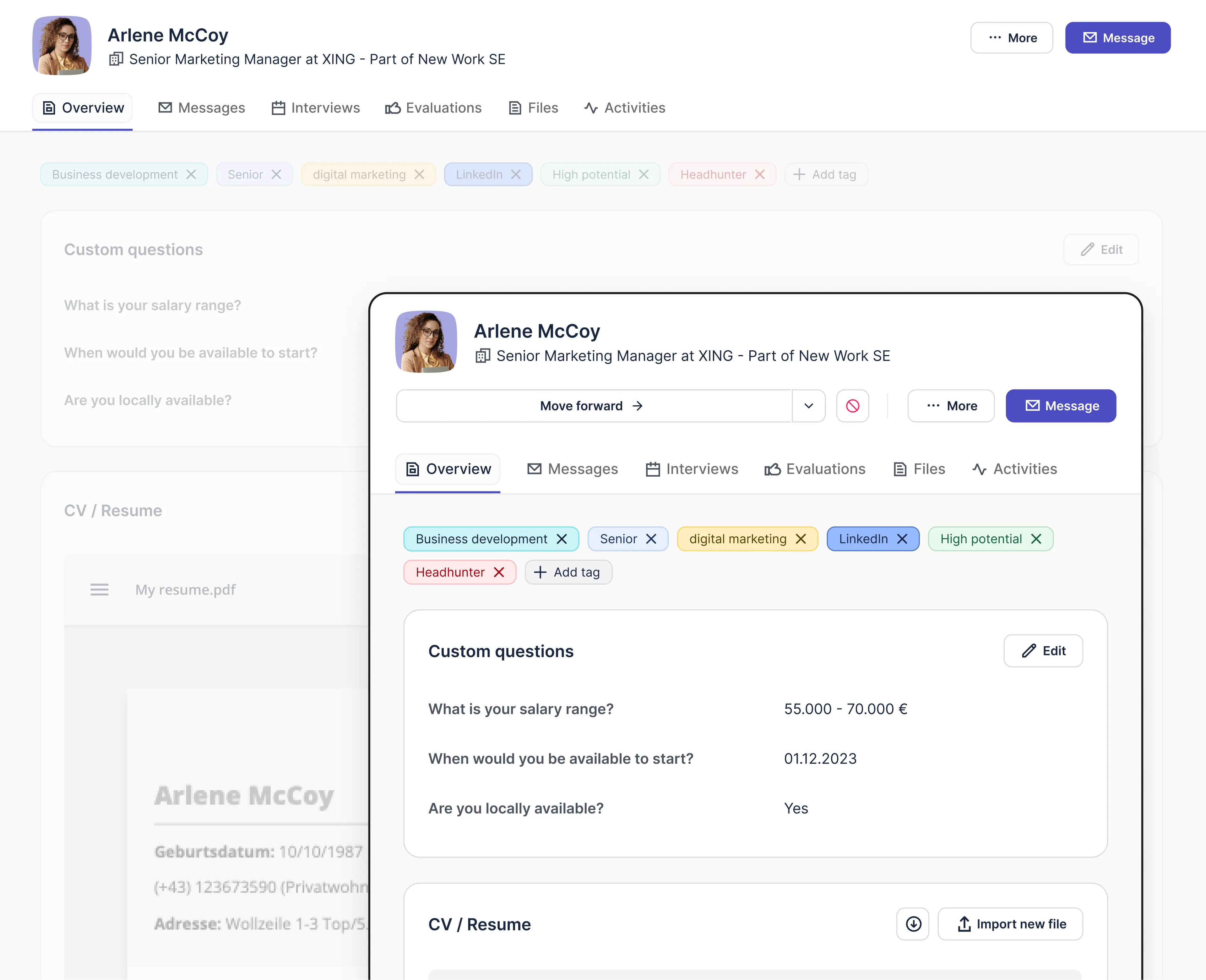 Candidate header with tab group for both large and small screens