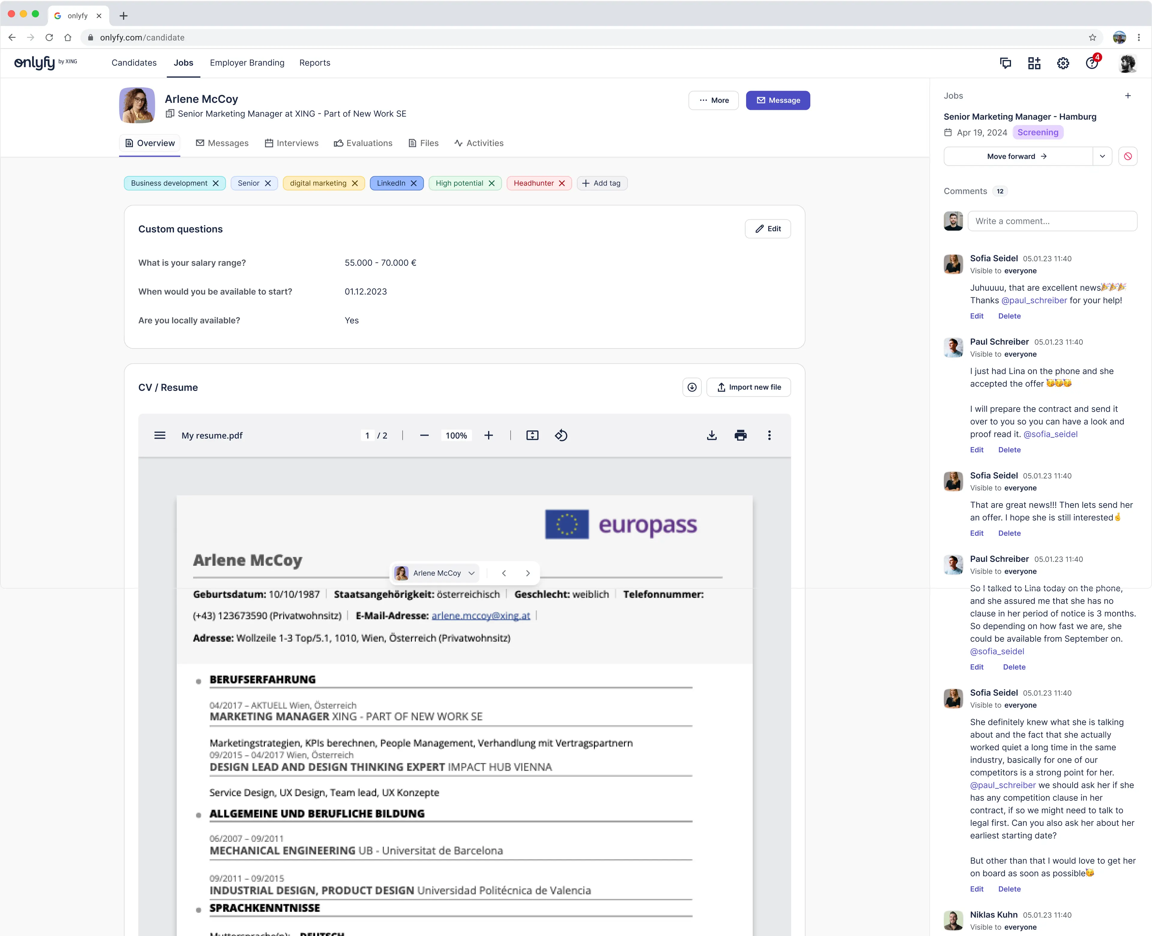 The new candidate profile with the overview tab active