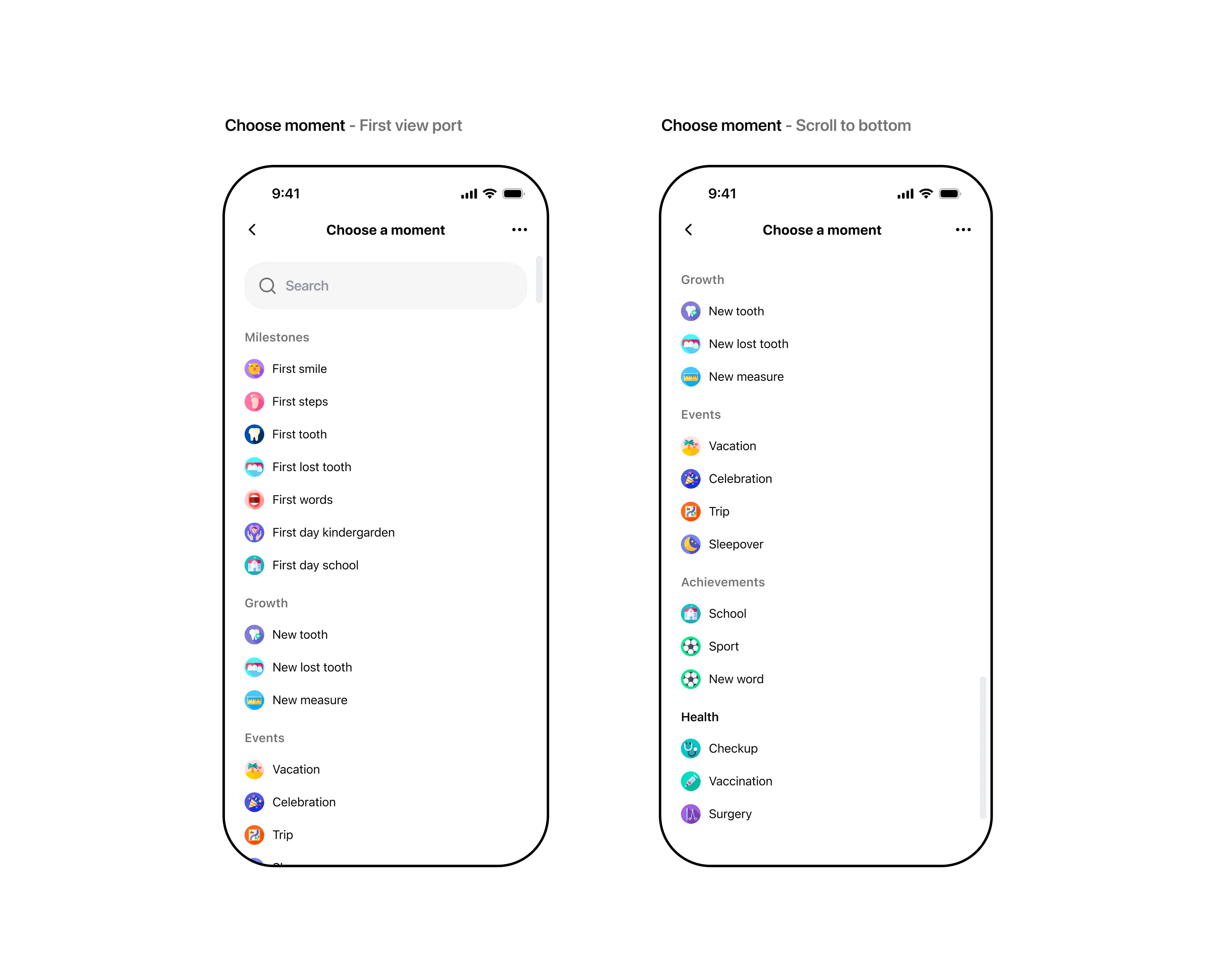 Choose a moment - List of all categories