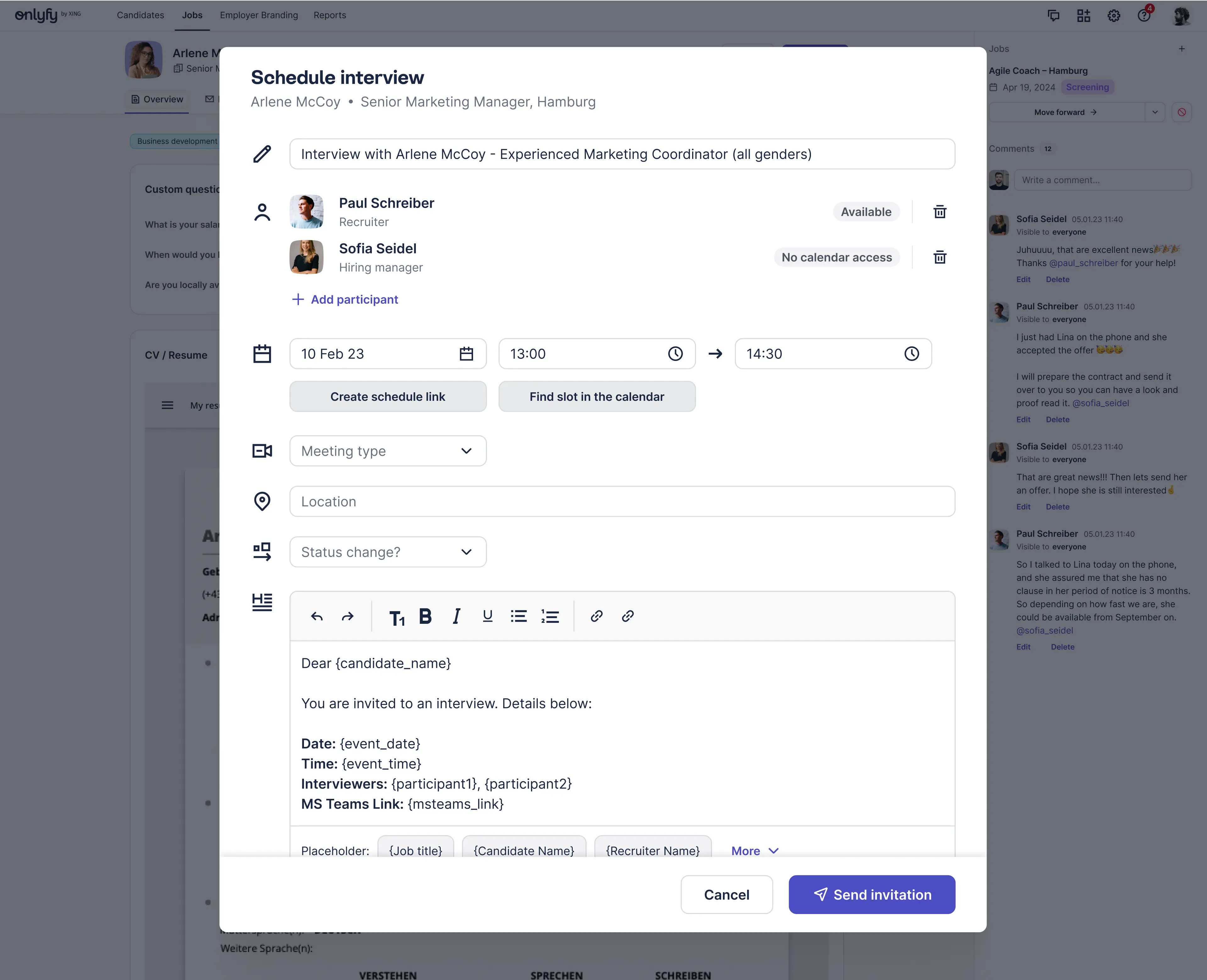 The new schedule interview modal exists only of one step