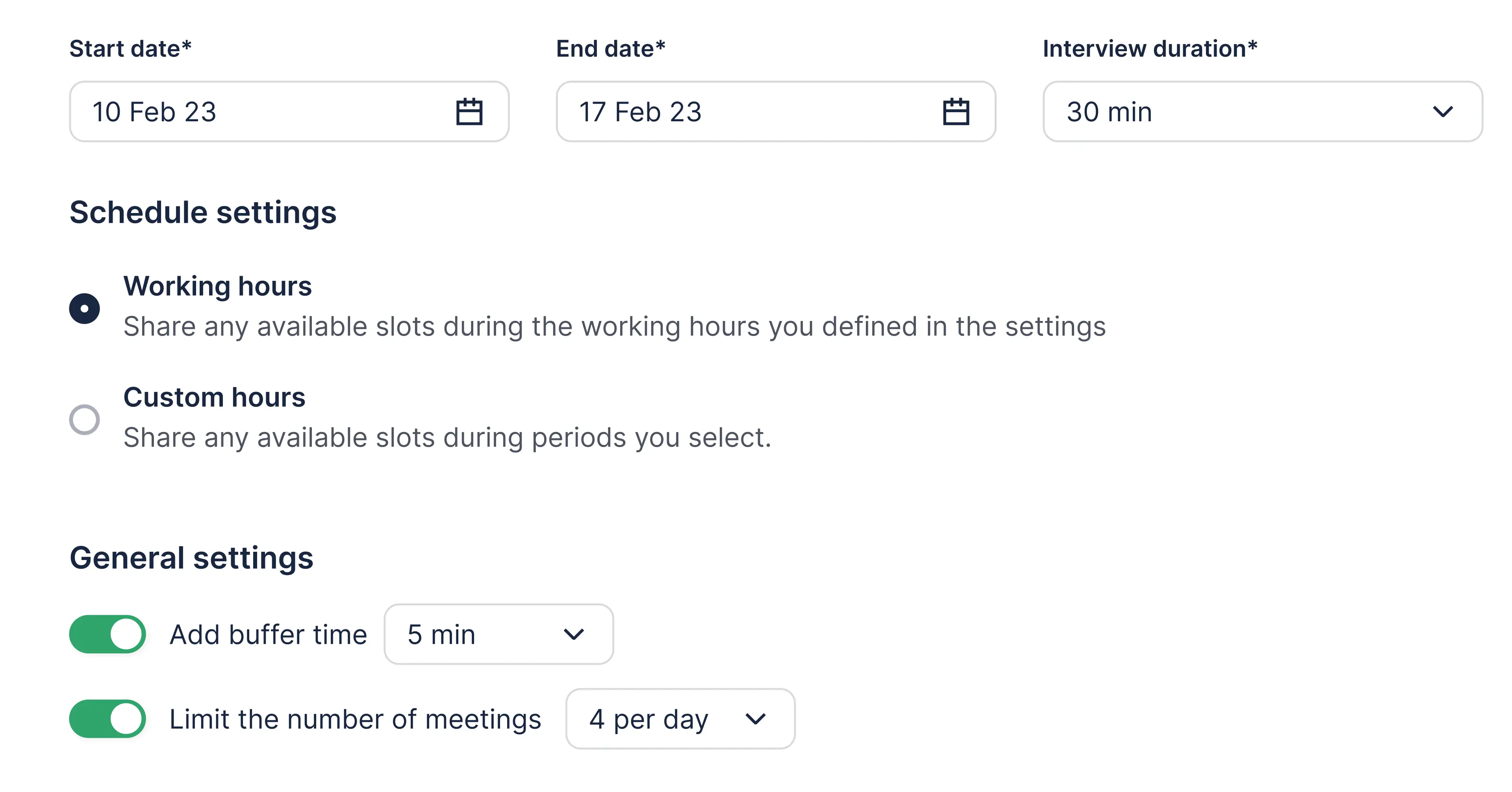 General settings for schedule links