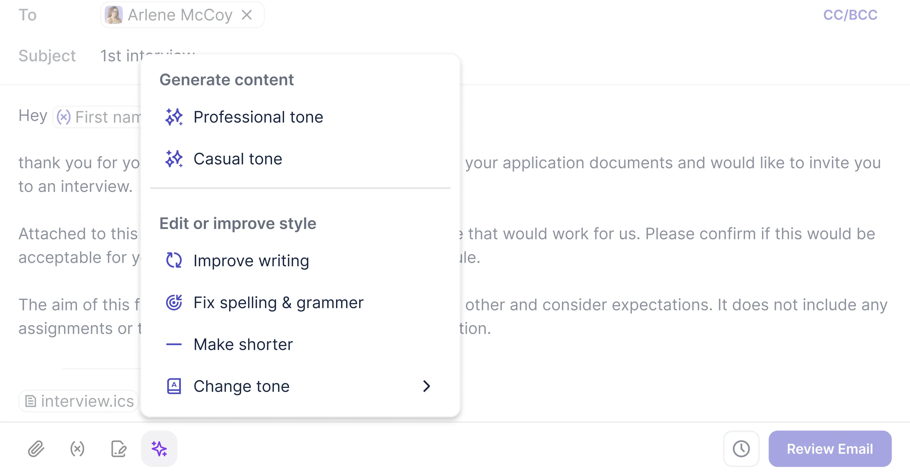 Clicking the AI button reveals a dropdown menu with the available AI features