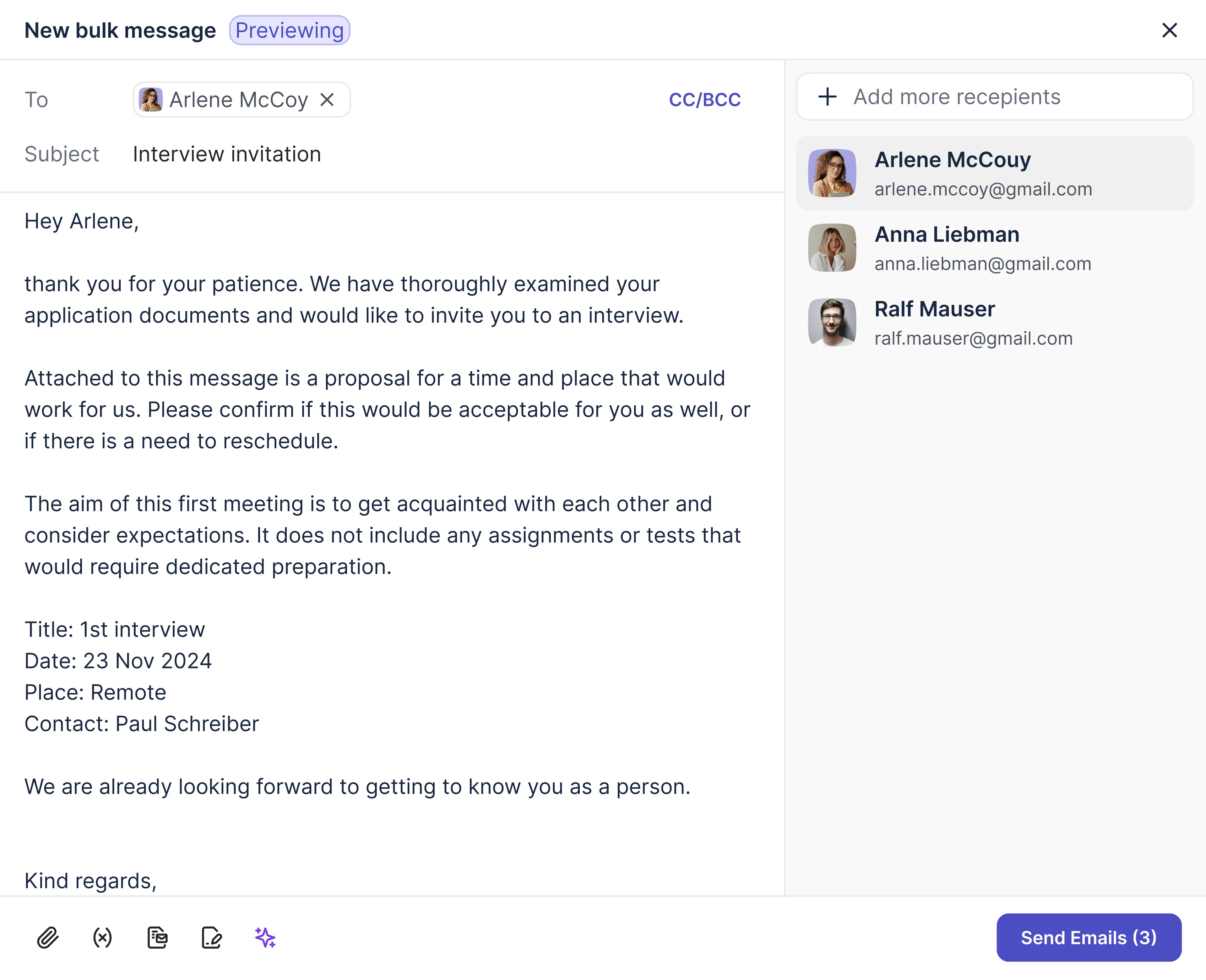 Preview mode for bulk messages let users switch between candidates
