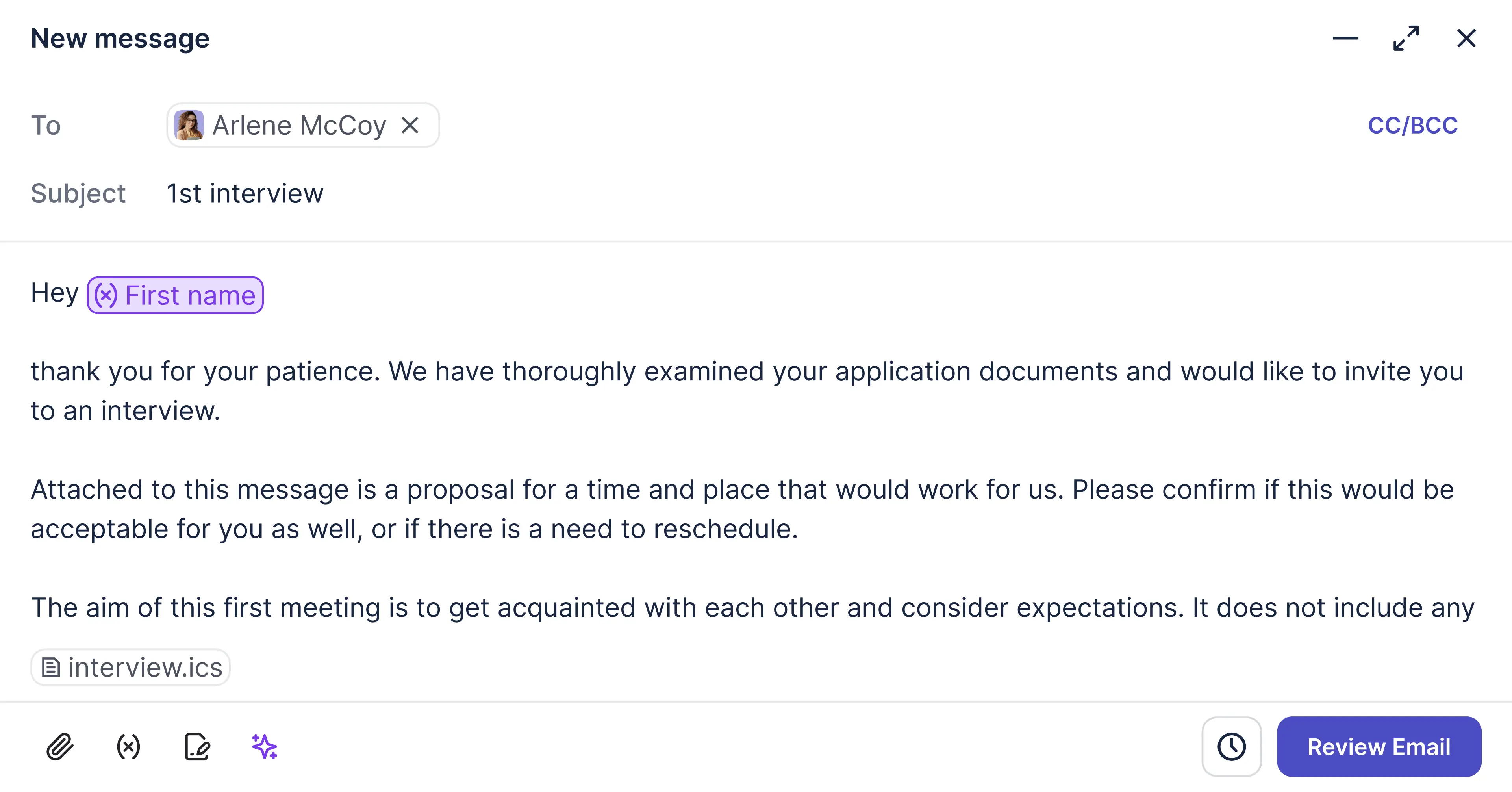 When adding a variable the cta changes to 'Review Email'